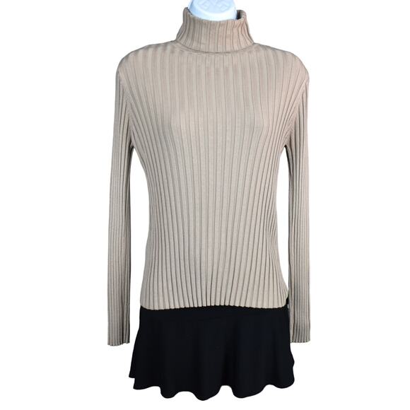 Y2K beige stretchy long sleeve ribbed turtleneck sweater top size small preppy - Picture 1 of 7